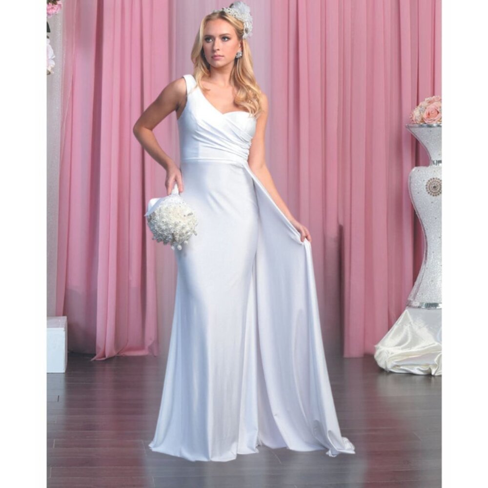 Ivory Bridal Long One Shoulder Sleeveless Sheath Dress By May Queen MQ1834